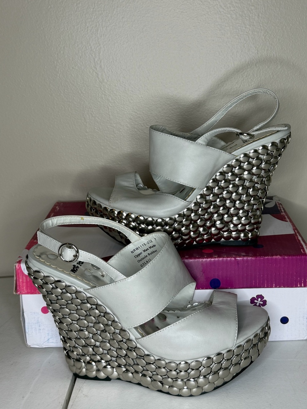 Buckle White Platform Wedge Sandals with Silver Studded Wedge